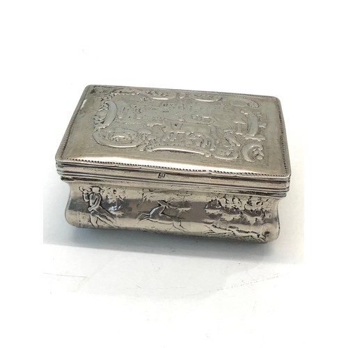 6 - Antique continental silver snuff box measures approx 8cm by 6cm by 3.6cm