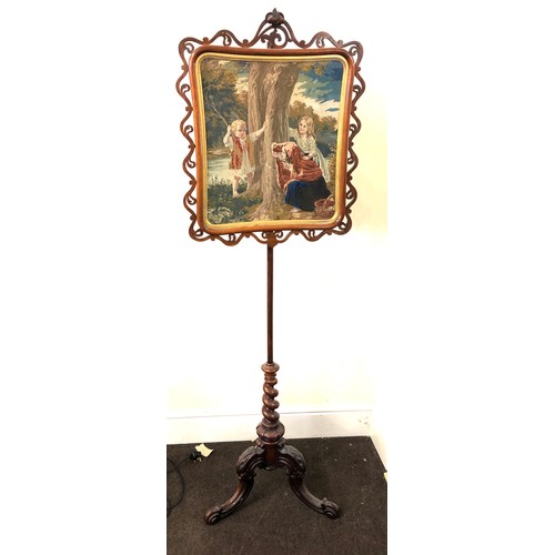 441 - Fine Victorian mahogany pole screen, embroidered scenic screen on ornate fancy pole