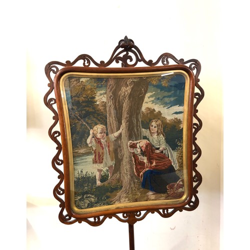 441 - Fine Victorian mahogany pole screen, embroidered scenic screen on ornate fancy pole