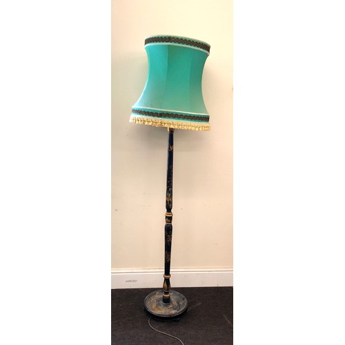 444 - Chinoiserie black lacquer standard lamp with shade