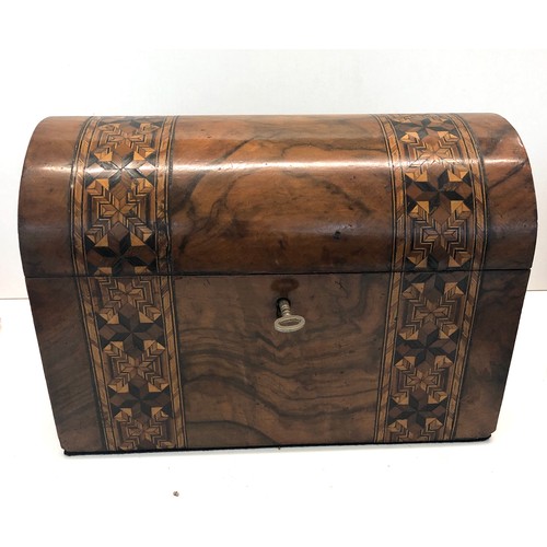 434 - Antique dome top inlaid tea caddy, Age related edge chips to veneer,  overall good condition