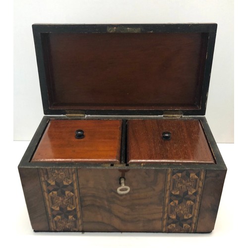 434 - Antique dome top inlaid tea caddy, Age related edge chips to veneer,  overall good condition