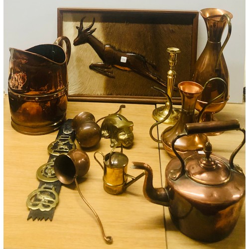 114 - Selection of brass/ copper ware includes copper jug, copper kettle and a original Dennis Thompson fr... 