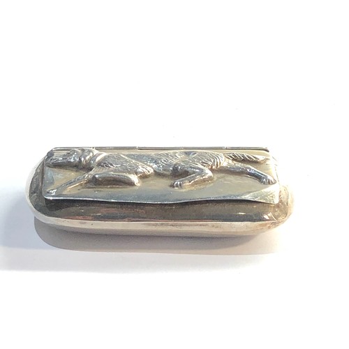 38 - Silver snuff box with dog embossed lid  hallmarked 925