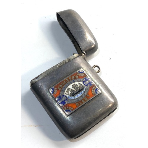 34 - Antique silver vesta with advertising enamel plaque Englands moreland Gloucester glory matches