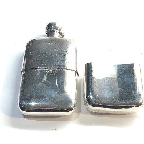 56 - Victorian silver hip flask presentation engraved on front Birmingham silver hallmarks weight 140g