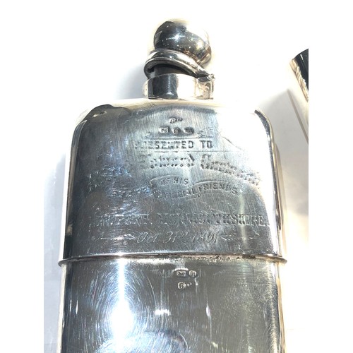 56 - Victorian silver hip flask presentation engraved on front Birmingham silver hallmarks weight 140g