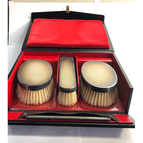 18 - Boxed silver brush set with combe engraved initials