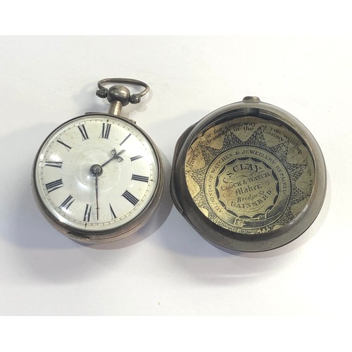 287 - Antique Georgian silver verge fusee pair case pocket watch  with diamond end stone watch winds and t... 