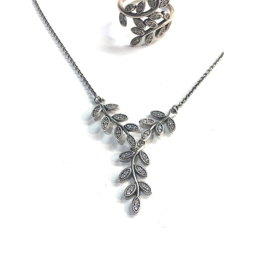 152 - 2 x Pandora sterling silver shimmering leaves ring and necklace