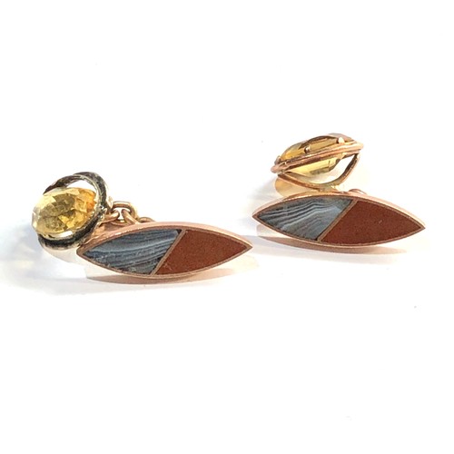 206 - Vintage 9ct gold Scottish agate and citrine set cufflinks weight 6g