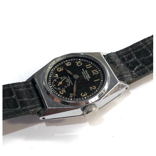 258 - Vintage pierce military style black dial wristwatch stailless steel case No51096 the watch wins and ... 