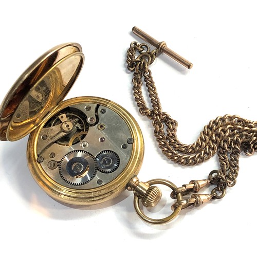 292 - Antique full hunter gold plated pocket watch and rolled 
 gold double albert watch chain the watch k... 