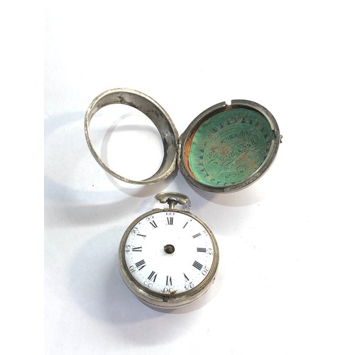 268 - Antique 18th century silver pair case verge pocket watch Jas Cambell London missing the bezel and ha... 