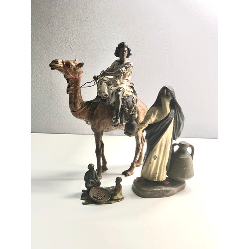 336 - 19th century Orientalist cold painted Bergman bronze camel and rider plus 2 other spelter figures