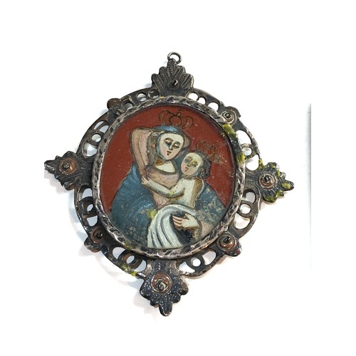 337 - 17th century Spanish reverse glass painted silver framed icon and another enamelled Russian one