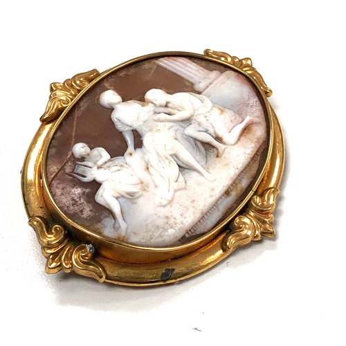 203 - Large antique scenic cameo brooch ornate gold plated frame crack to cameo