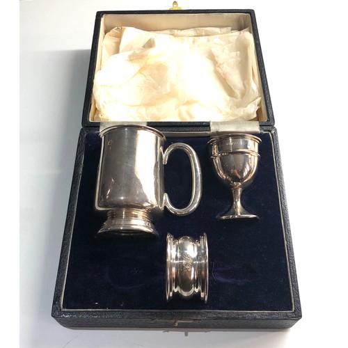 89 - Boxed christening set Chester silver hallmarks includes mug egg cup and napkin ring missing spoon in... 