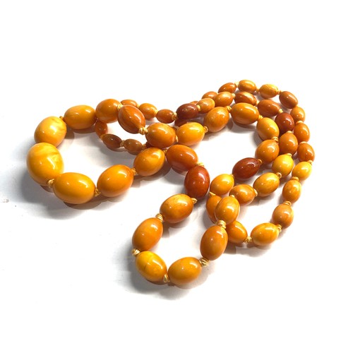 103 - Antique egg yolk amber bead necklace largest bead measures approx 20mm by 15mm graduated beads weigh... 