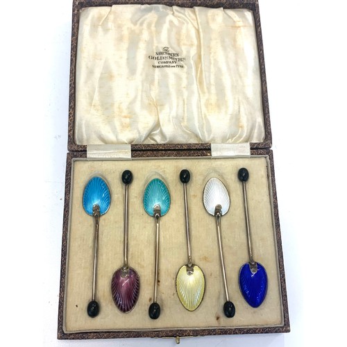 97 - Boxed set of 6 silver and enamel tea spoons