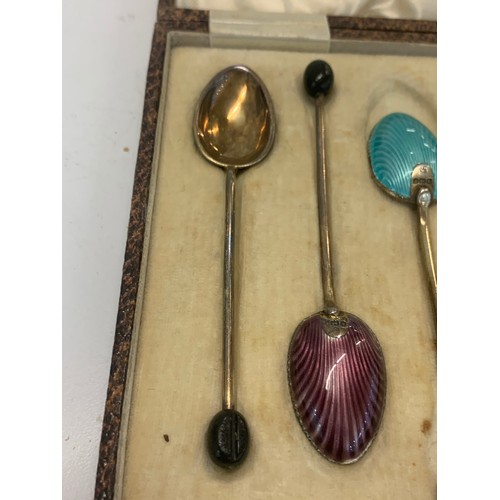 97 - Boxed set of 6 silver and enamel tea spoons