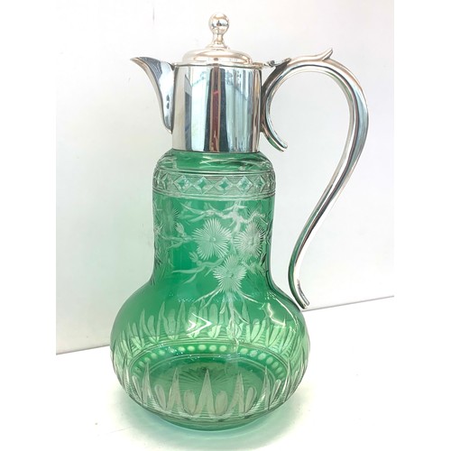 33 - Antique silver and green cut glass claret jug Birmingham silver hallmarks height approx 25cm 350