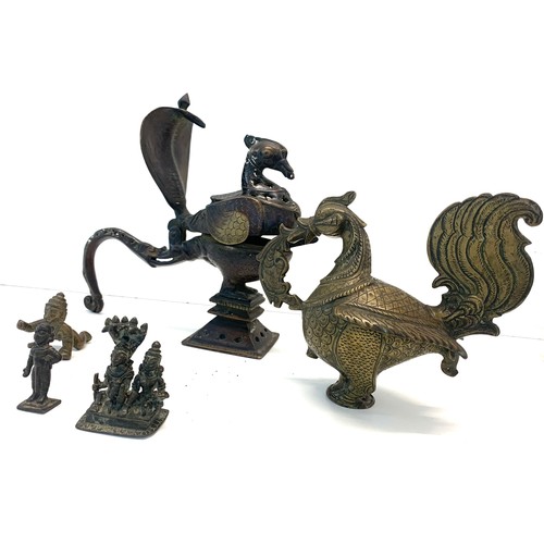 338 - Indian brass bird shaped incense burner with 4 other objects please see images for details