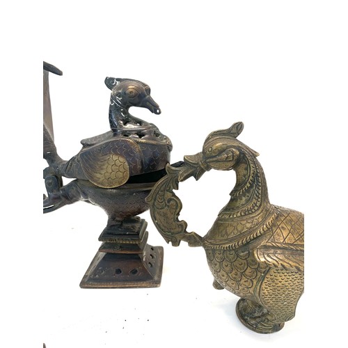 338 - Indian brass bird shaped incense burner with 4 other objects please see images for details