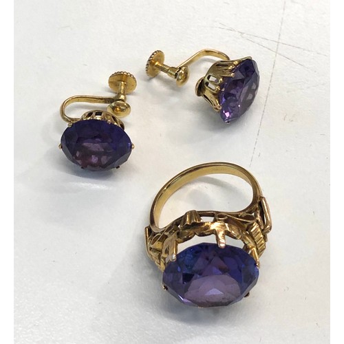 112 - 14ct Gold Synth alexandrite earrings and ring, total weight 14.3g, ring size approx o