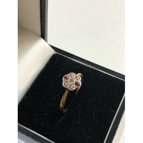 181 - 18ct Gold Edwardian ruby diamond and seed-pearl ring, ring size approx l/m weight approx 1.9g