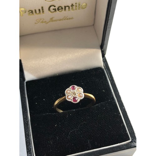 181 - 18ct Gold Edwardian ruby diamond and seed-pearl ring, ring size approx l/m weight approx 1.9g