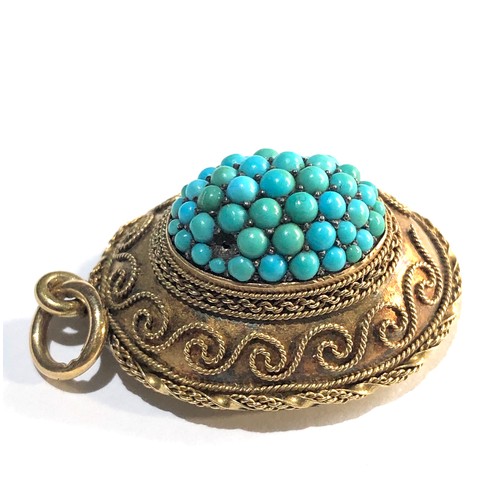 183 - Antique high carat  gold and turquoise pendant locket 1 small stone missing measures approx 31mm by ... 