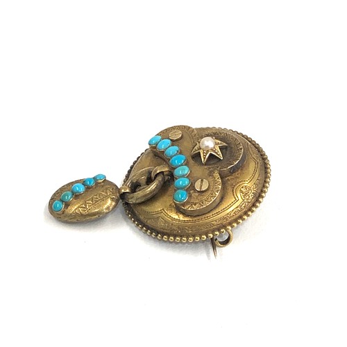 133 - victorian high carat gold Etruscan locket  brooch set with turquoise and pear xray tested as 15ct go... 