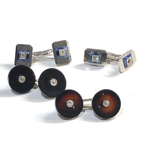 213 - 18ct white gold diamond and onyx cufflinks and 18ct gold diamond sapphire cufflinks missing diamond ... 