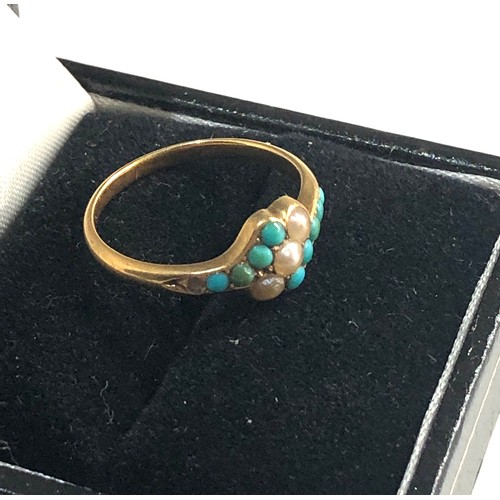 250 - 18ct Gold turquoise pearl mourning ring, missing a turquoise stone ring size approx m