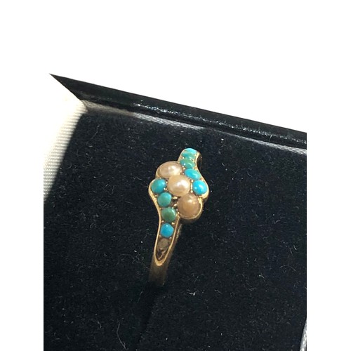 250 - 18ct Gold turquoise pearl mourning ring, missing a turquoise stone ring size approx m