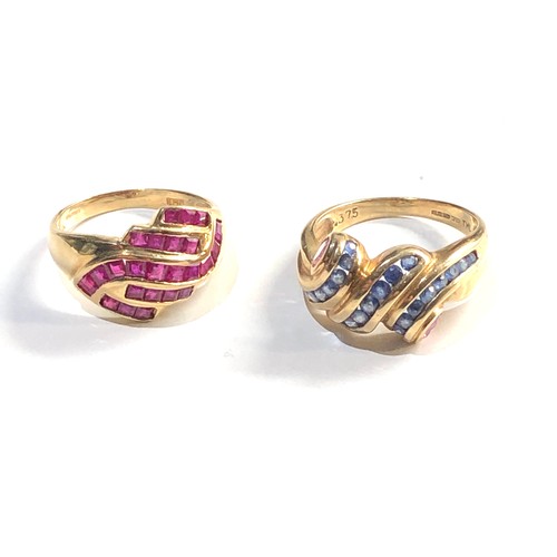 271 - 2 9ct gold sapphire and ruby rings size approx m and n