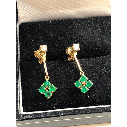 243 - 18ct diamond and emerald drop earrings, drop measures approximately 19mm, good overall condition