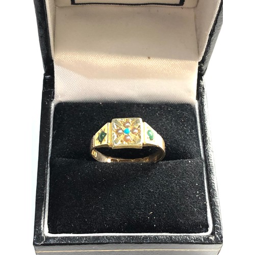 285 - Antique 15ct turquoise & seed pearl ring, ring size Q