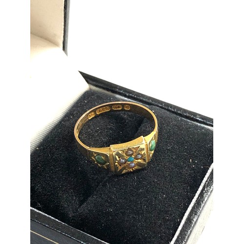 285 - Antique 15ct turquoise & seed pearl ring, ring size Q