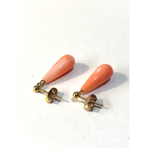 107 - 9ct gold coral earrings 2cm coral drop