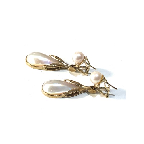 187 - 14ct gold M.O.P  & pearl drop earrings 4cm drop  weight 9g