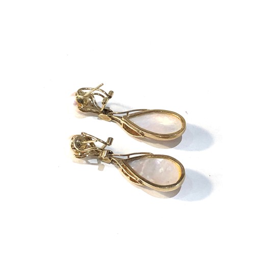 187 - 14ct gold M.O.P  & pearl drop earrings 4cm drop  weight 9g