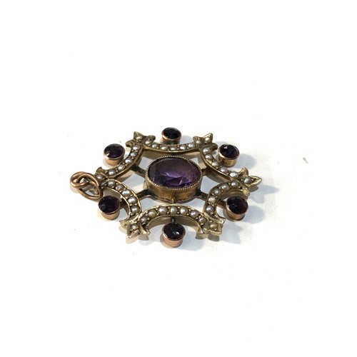 183 - Antique 9ct gold amethyst and seed pearl pendant 3cm by 2.5cm