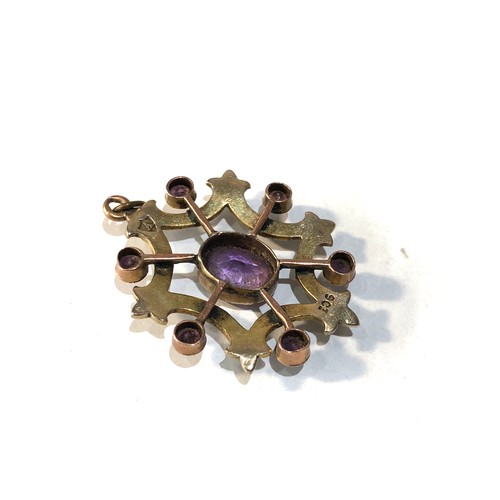 183 - Antique 9ct gold amethyst and seed pearl pendant 3cm by 2.5cm