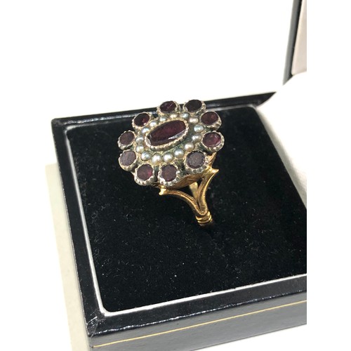 49 - Antique Georgian 22ct gold garnet and seed-pearl ring in good condition weight 6.6g