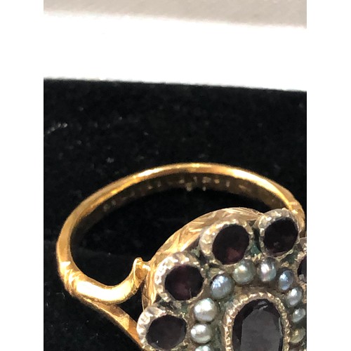 49 - Antique Georgian 22ct gold garnet and seed-pearl ring in good condition weight 6.6g