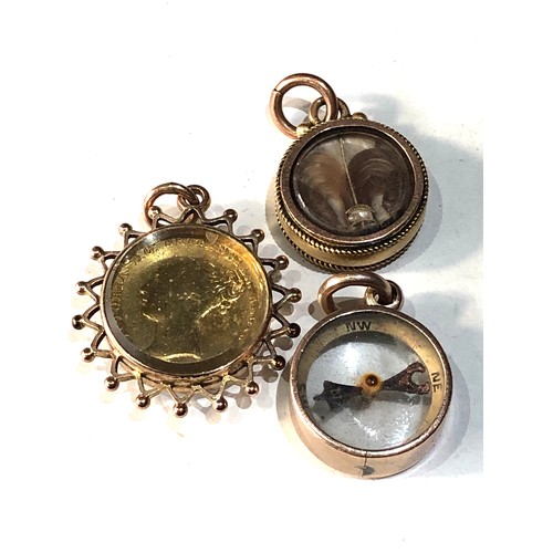 90 - 3 antique gold fobs includes compass fob  mourning pendant and coin fob all in good condition total ... 