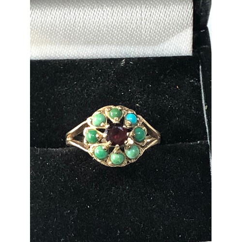 166 - 9ct gold turquoise and garnet ring replacement stone