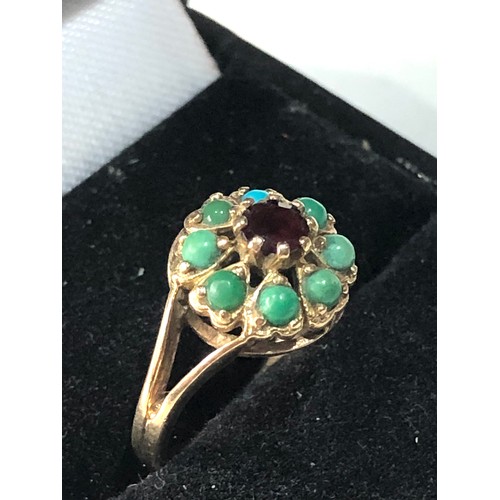 166 - 9ct gold turquoise and garnet ring replacement stone